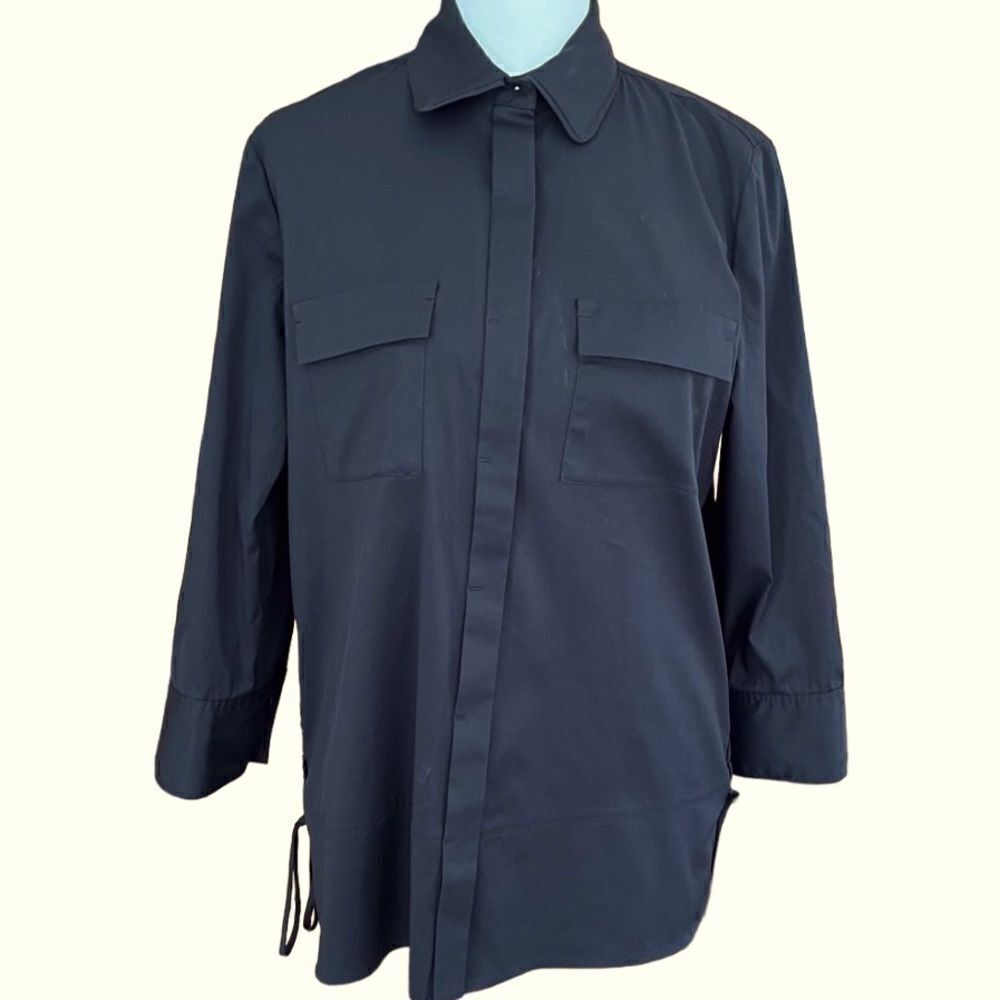 Per Se by Carlisle black button front blouse with lace up sides size 4.